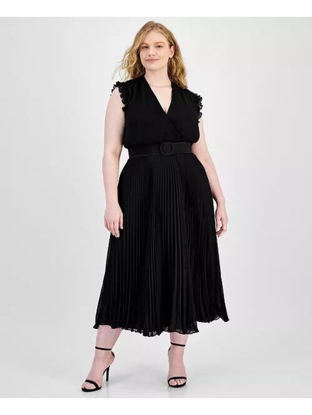 Taylor Plus Size Pleated Belted A-Line Dress